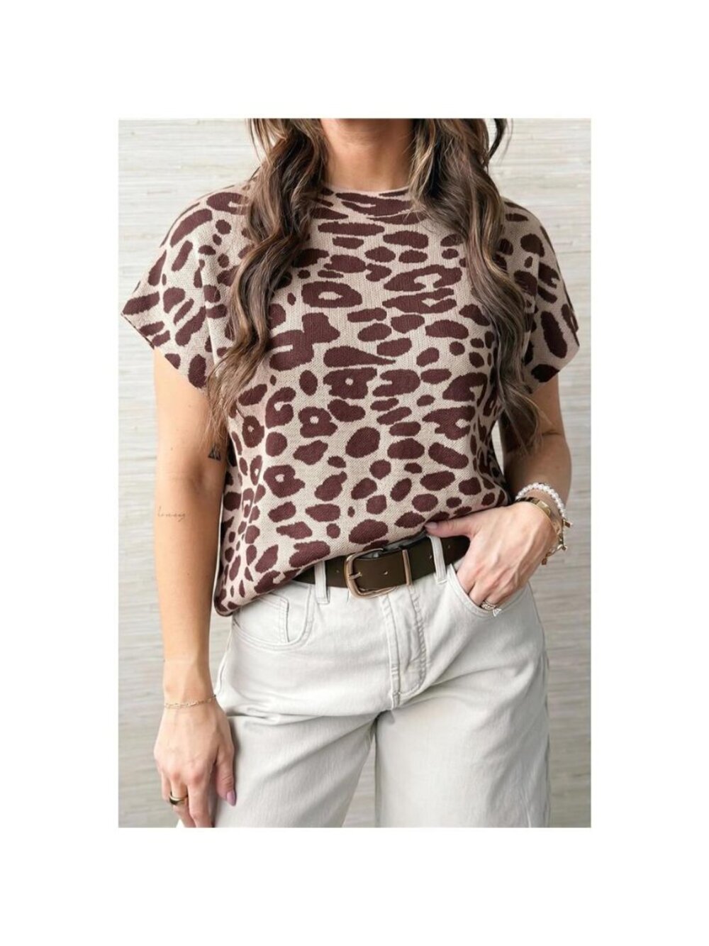 Leopard Print Short Sleeve Knit Loose Pullover Sweater